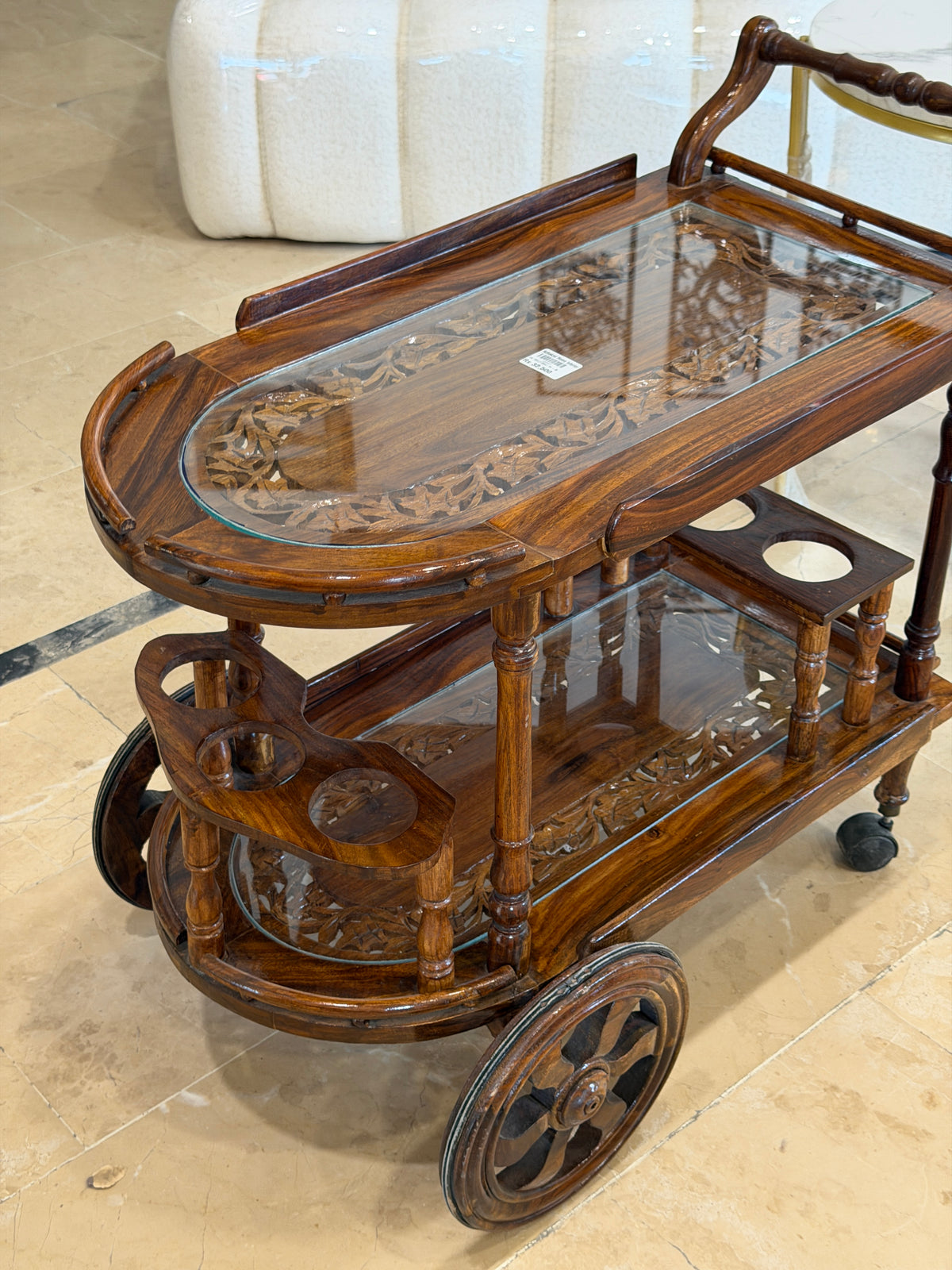 Luxury Wooden Tea Trolley with Glass Shelves & Wheels