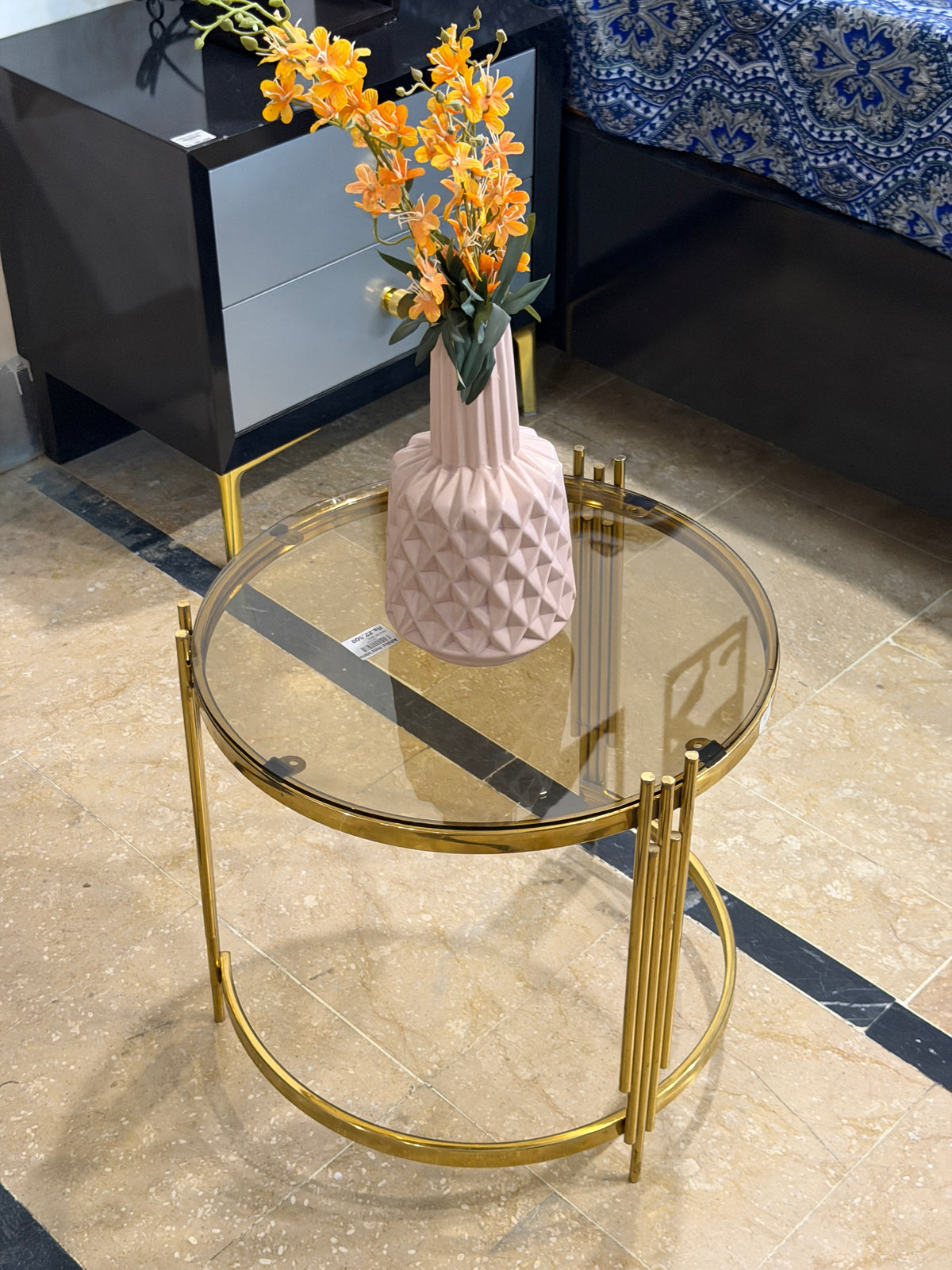 Modern Round Glass Side Table with Gold Metallic Frame
