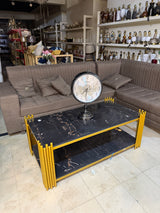Luxury Black Marble Coffee Table with Gold Fluted Frame