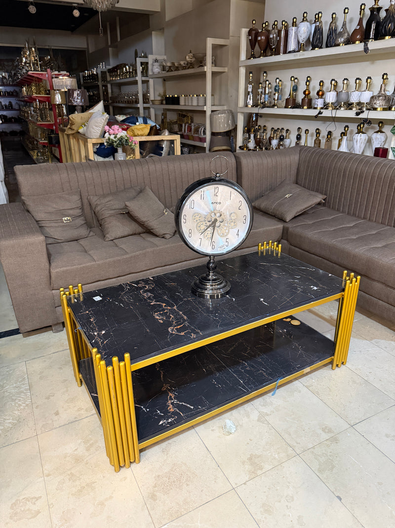 Luxury Black Marble Coffee Table with Gold Fluted Frame