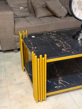 Luxury Black Marble Coffee Table with Gold Fluted Frame