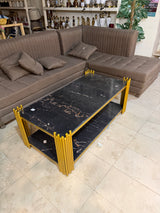 Luxury Black Marble Coffee Table with Gold Fluted Frame