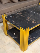 Luxury Black Marble Coffee Table with Gold Fluted Frame