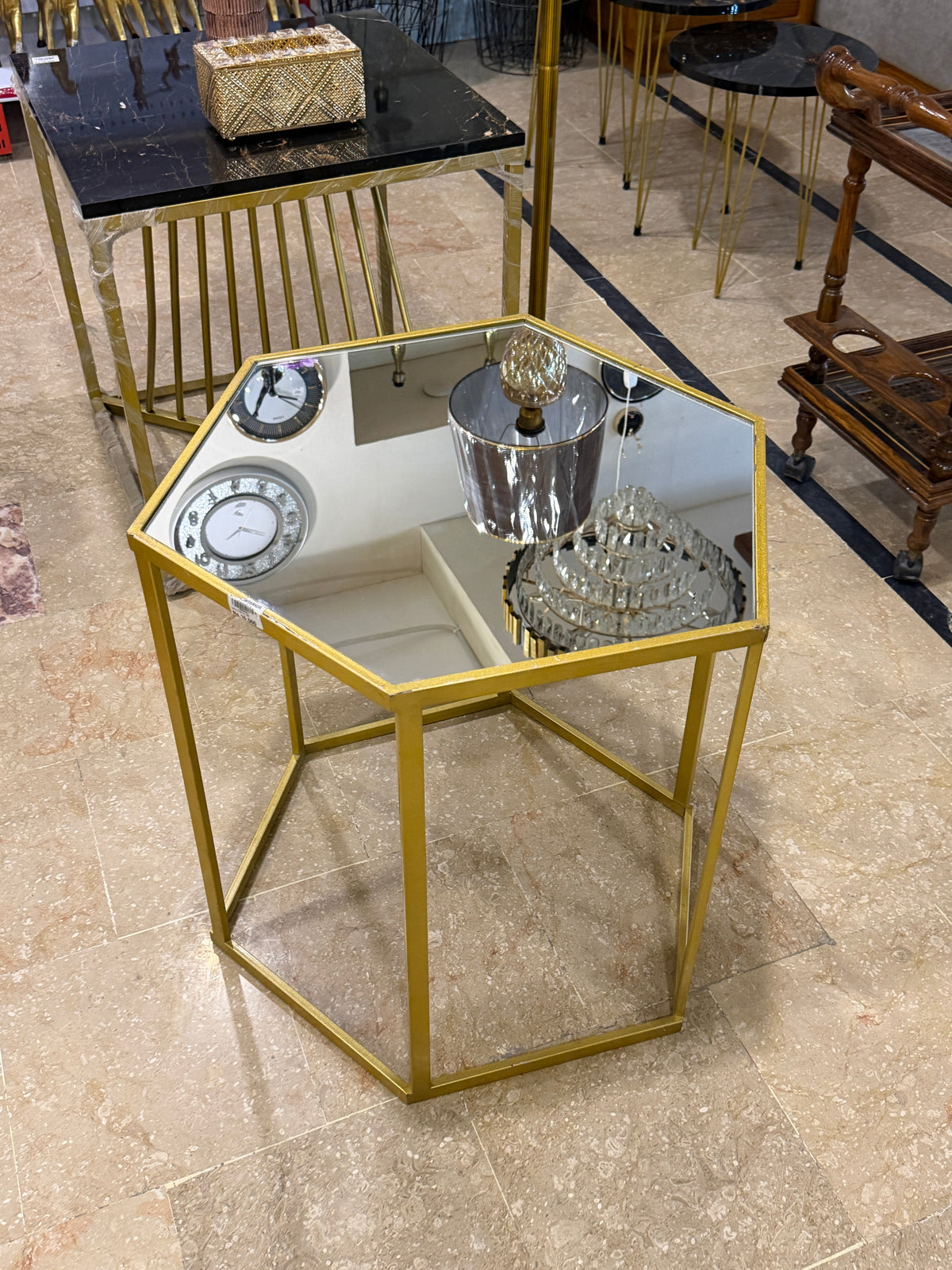 Gold Hexagon Mirror-Top Side Table