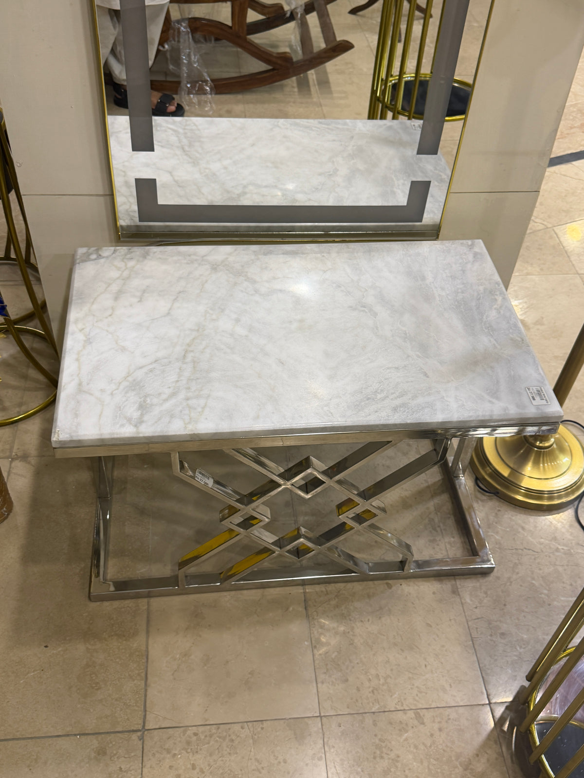 Luxury White Marble Top Coffee Table with Silver Geometric Frame