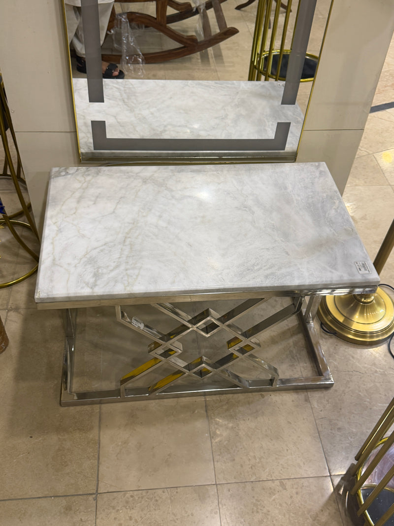 Luxury White Marble Top Coffee Table with Silver Geometric Frame