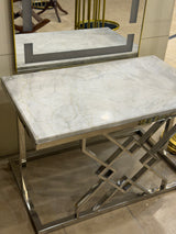 Luxury White Marble Top Coffee Table with Silver Geometric Frame