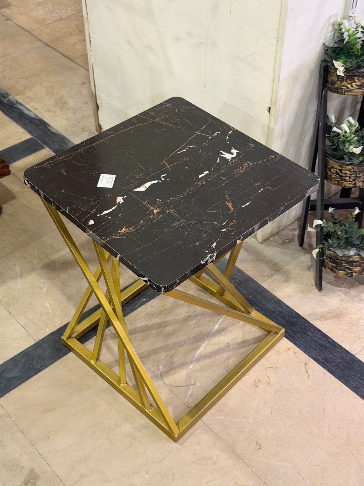 Square Black Uv Sheet Marble Top Side Table with Geometric Gold Base