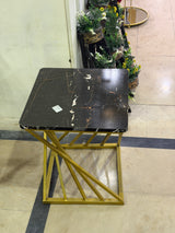 Square Black Uv Sheet Marble Top Side Table with Geometric Gold Base