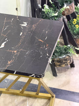 Square Black Uv Sheet Marble Top Side Table with Geometric Gold Base