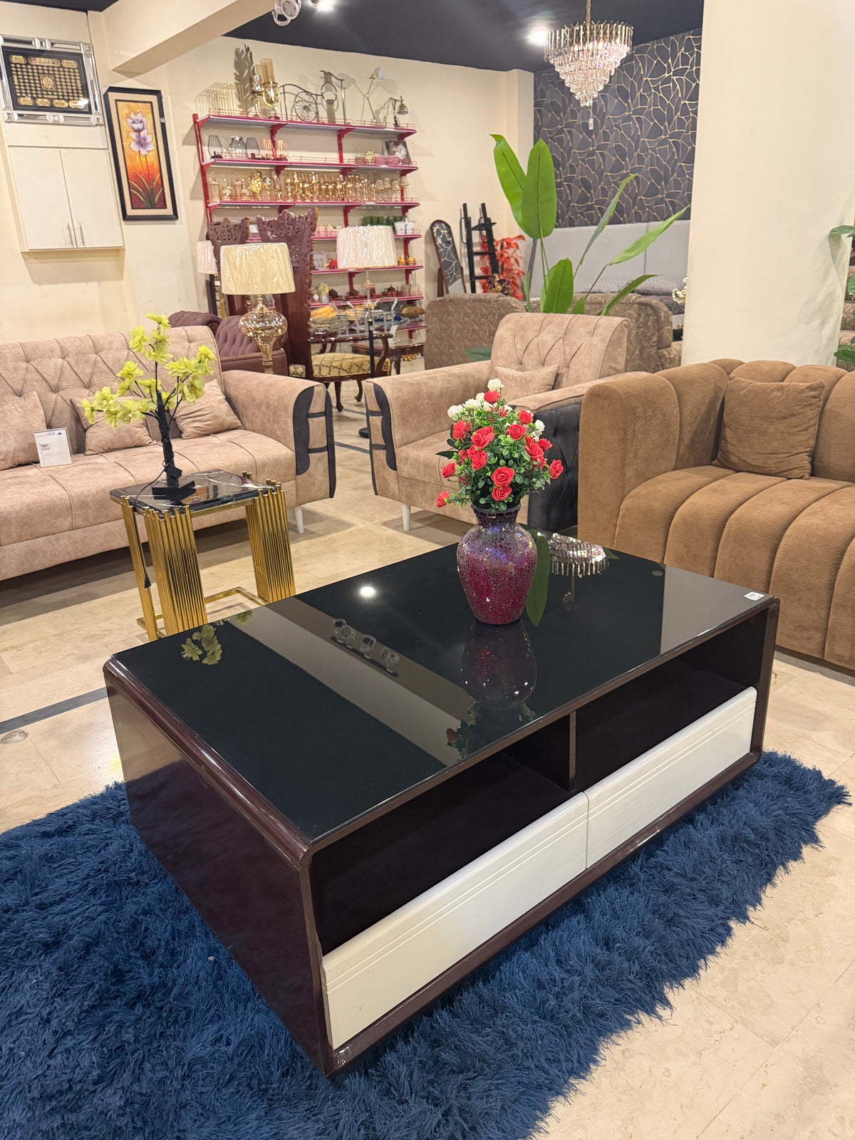 Modern Black Glass Top Coffee Table with Dual Drawers