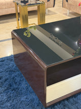 Modern Black Glass Top Coffee Table with Dual Drawers