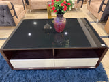 Modern Black Glass Top Coffee Table with Dual Drawers