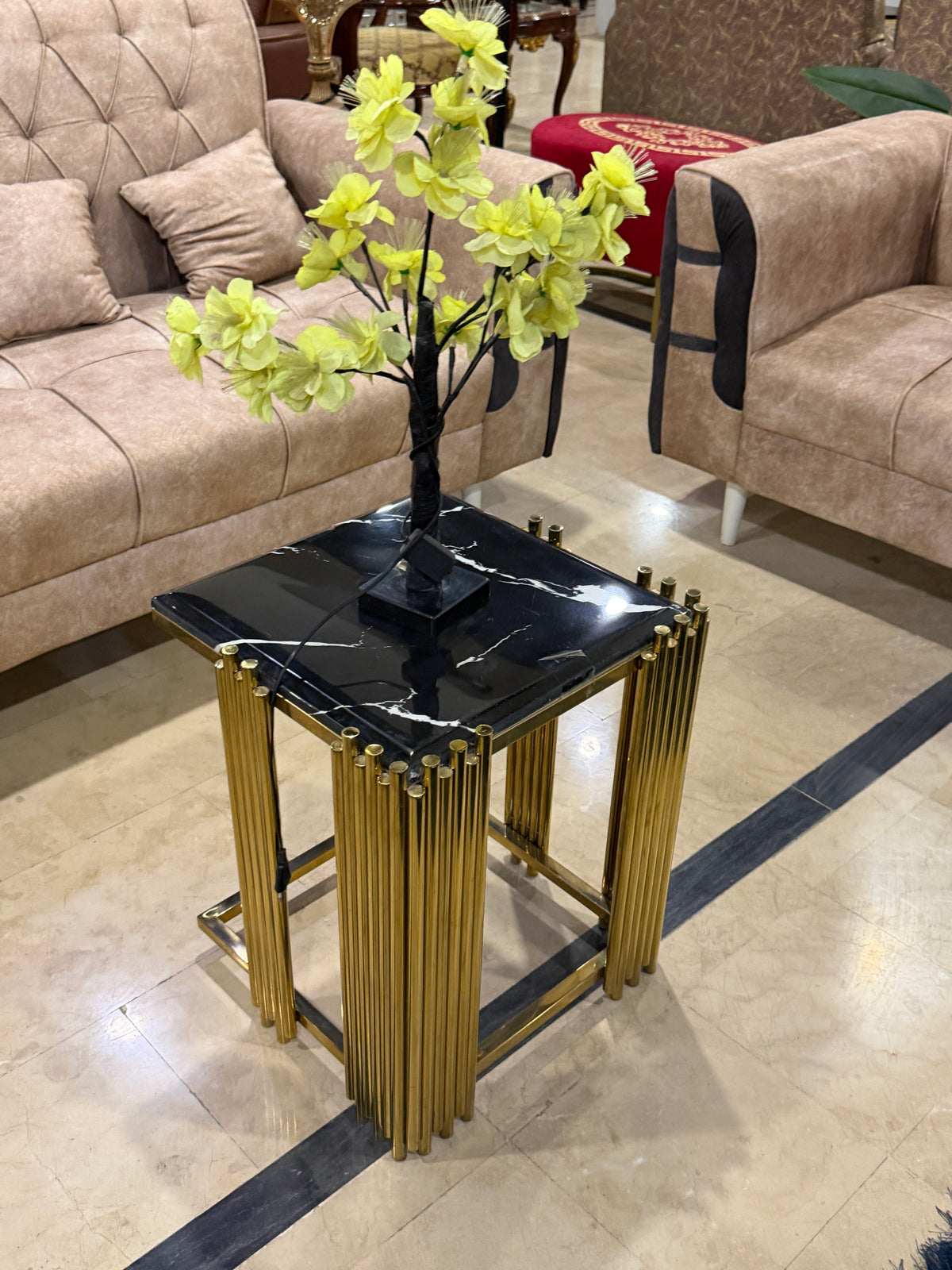 Luxury Black Marble Top Side Table with Gold Fluted Frame