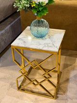 Luxury White Marble Top Side Table With Gold Geometric Frame