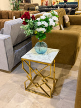 Luxury White Marble Top Side Table With Gold Geometric Frame