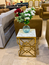 Luxury White Marble Top Side Table With Gold Geometric Frame