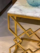 Luxury White Marble Top Side Table With Gold Geometric Frame