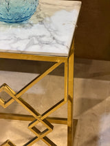 Luxury White Marble Top Side Table With Gold Geometric Frame