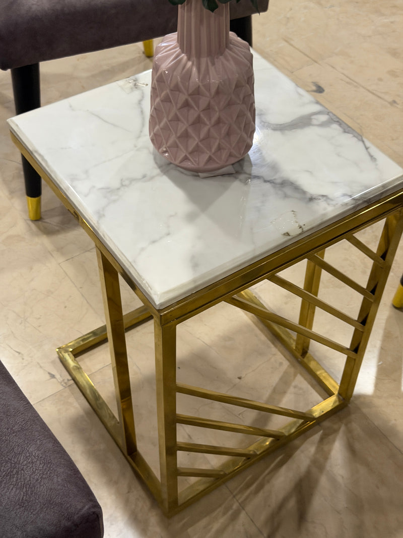Luxury White Marble Side Table with Gold Geometric Frame