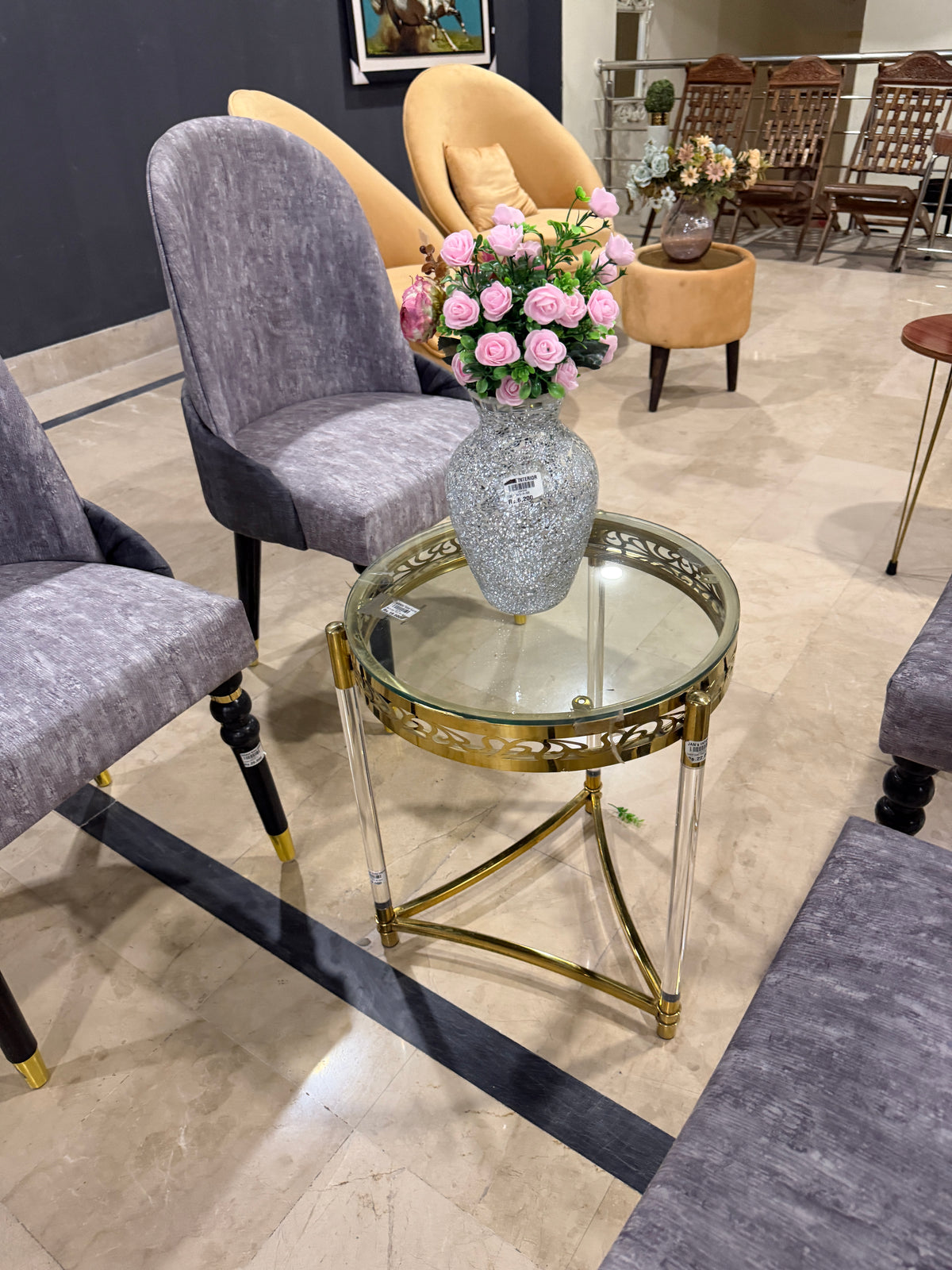 Round Glass Top Side Table with Acrylic & Gold Legs