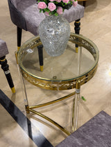 Round Glass Top Side Table with Acrylic & Gold Legs